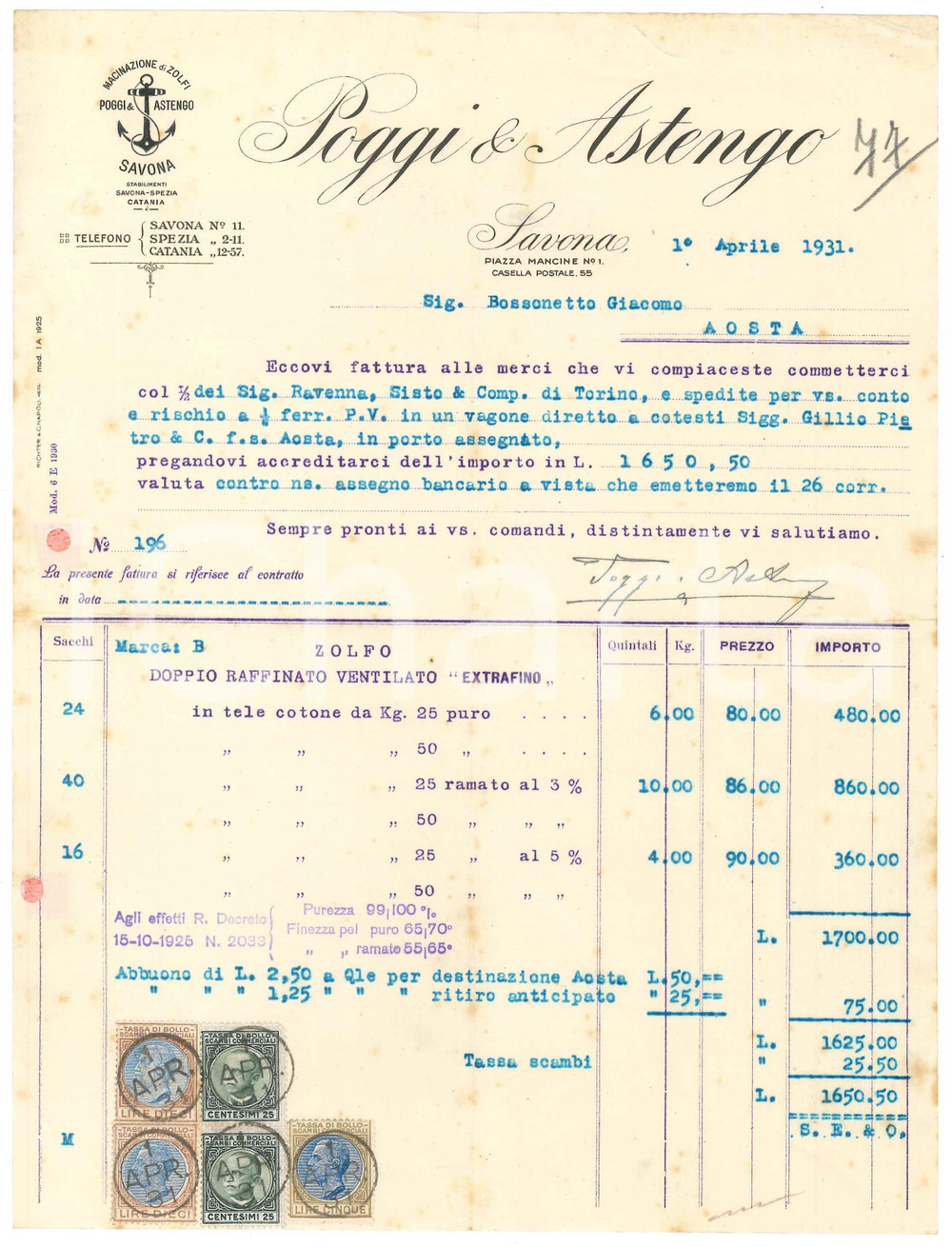 1931 SAVONA - POGGI & ASTENGO Macinazione di zolfi - Fattura commerciale
