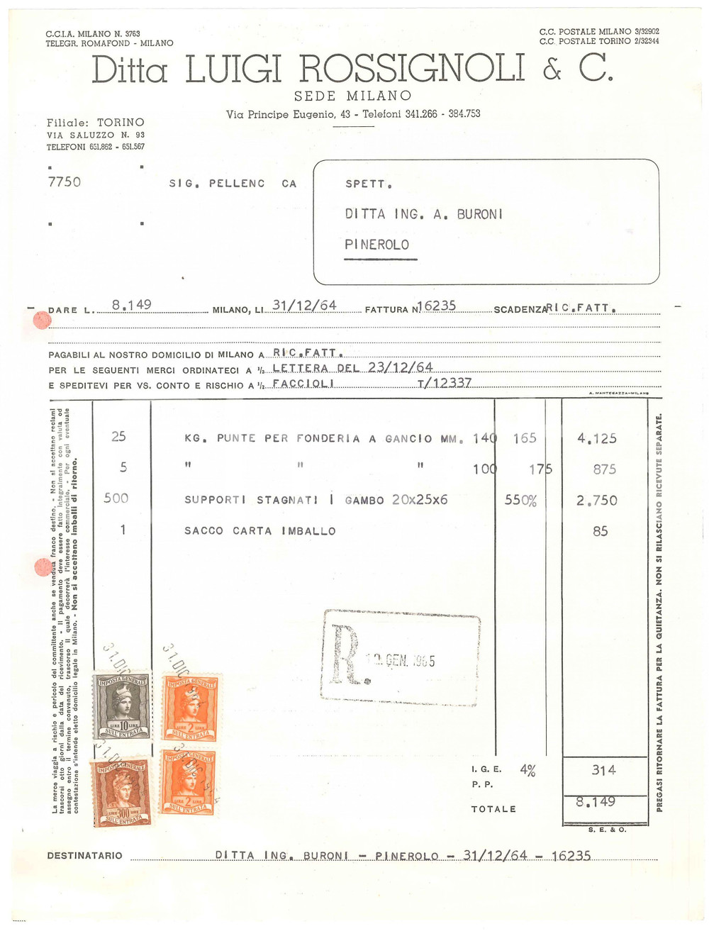 1964 MILANO Via Principe Eugenio 43 - Ditta Luigi ROSSIGNOLI & C. - Fattura (2)