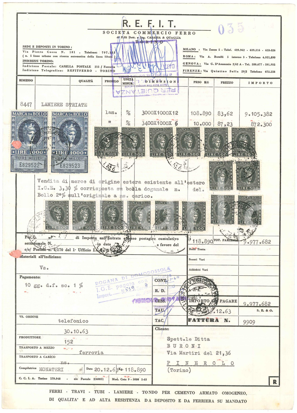 1964 TORINO Via Pietro Cossa 181 - REFIT Società Commercio Ferro - Fattura (2)