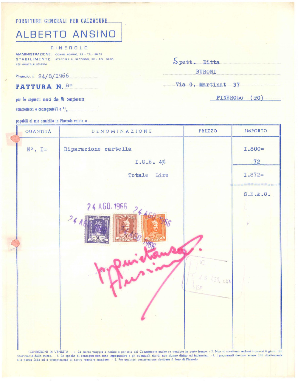 1966 PINEROLO (TO) - Alberto ANSINO Forniture generali per calzature - Fattura
