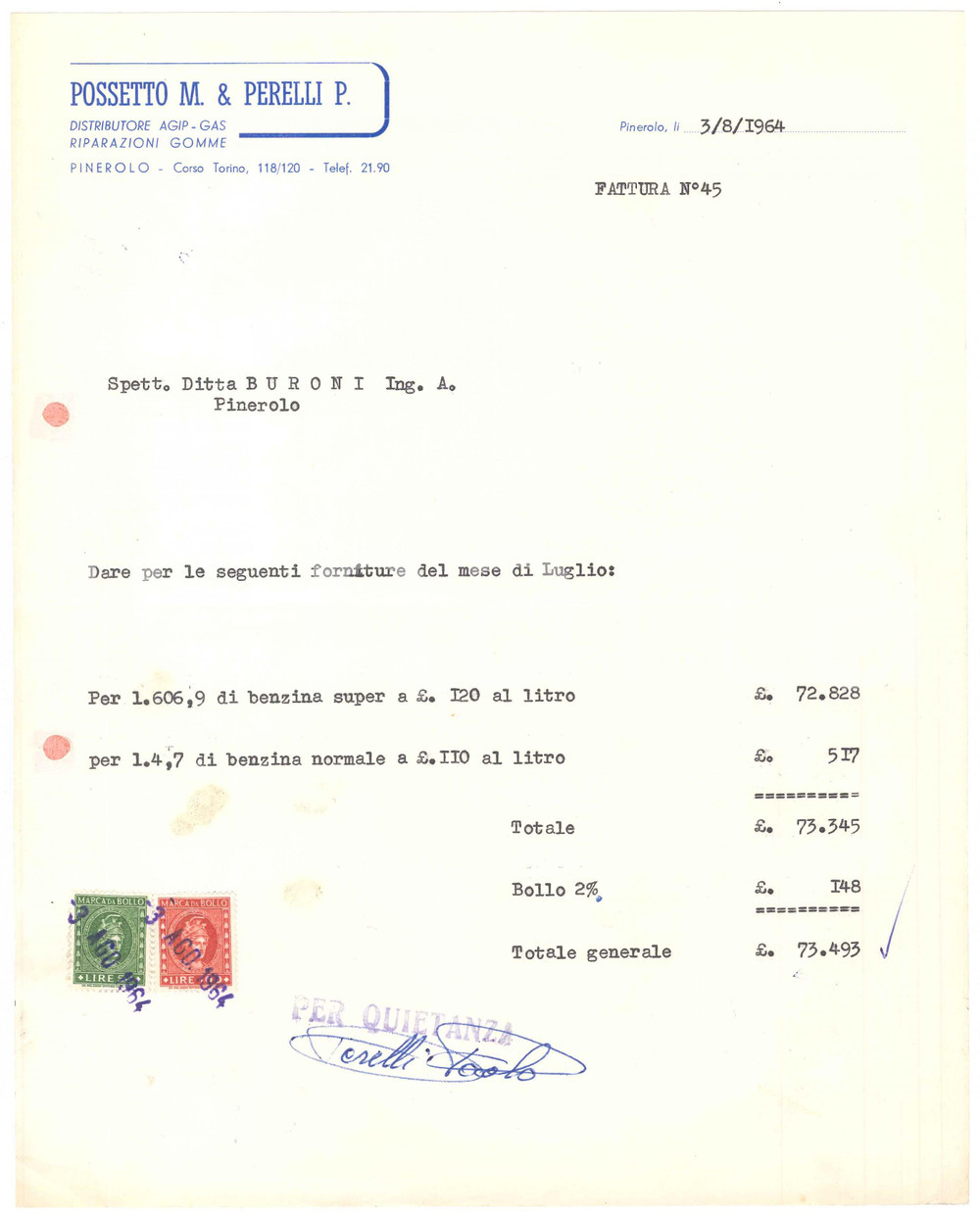 1964 PINEROLO (TO) - POSSETTO M. PERELLI P. Distributore Agip-Gas - Fattura (1)
