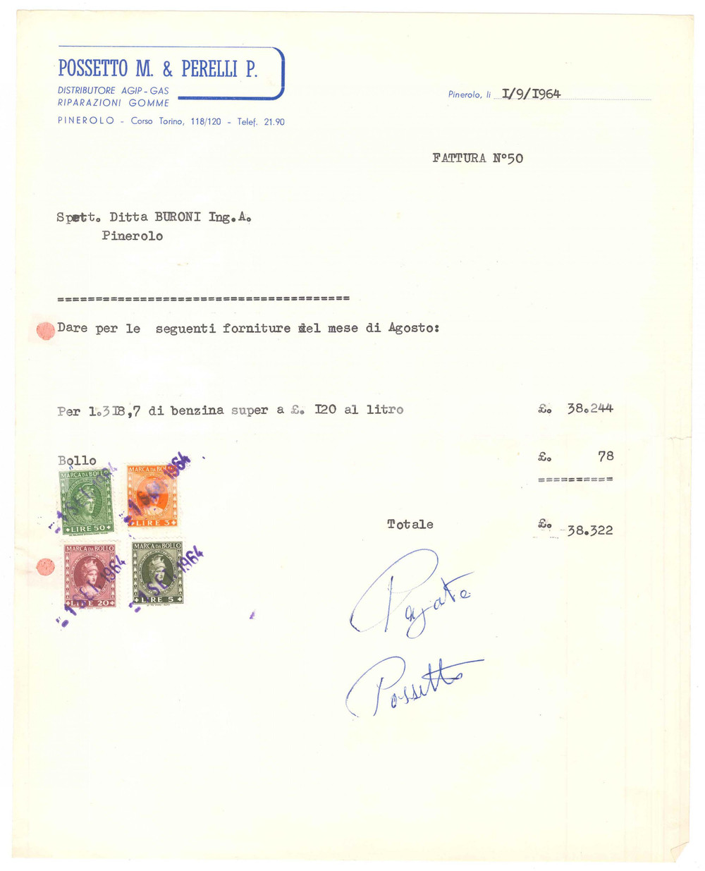 1964 PINEROLO (TO) - POSSETTO M. PERELLI P. Distributore Agip-Gas - Fattura (2)