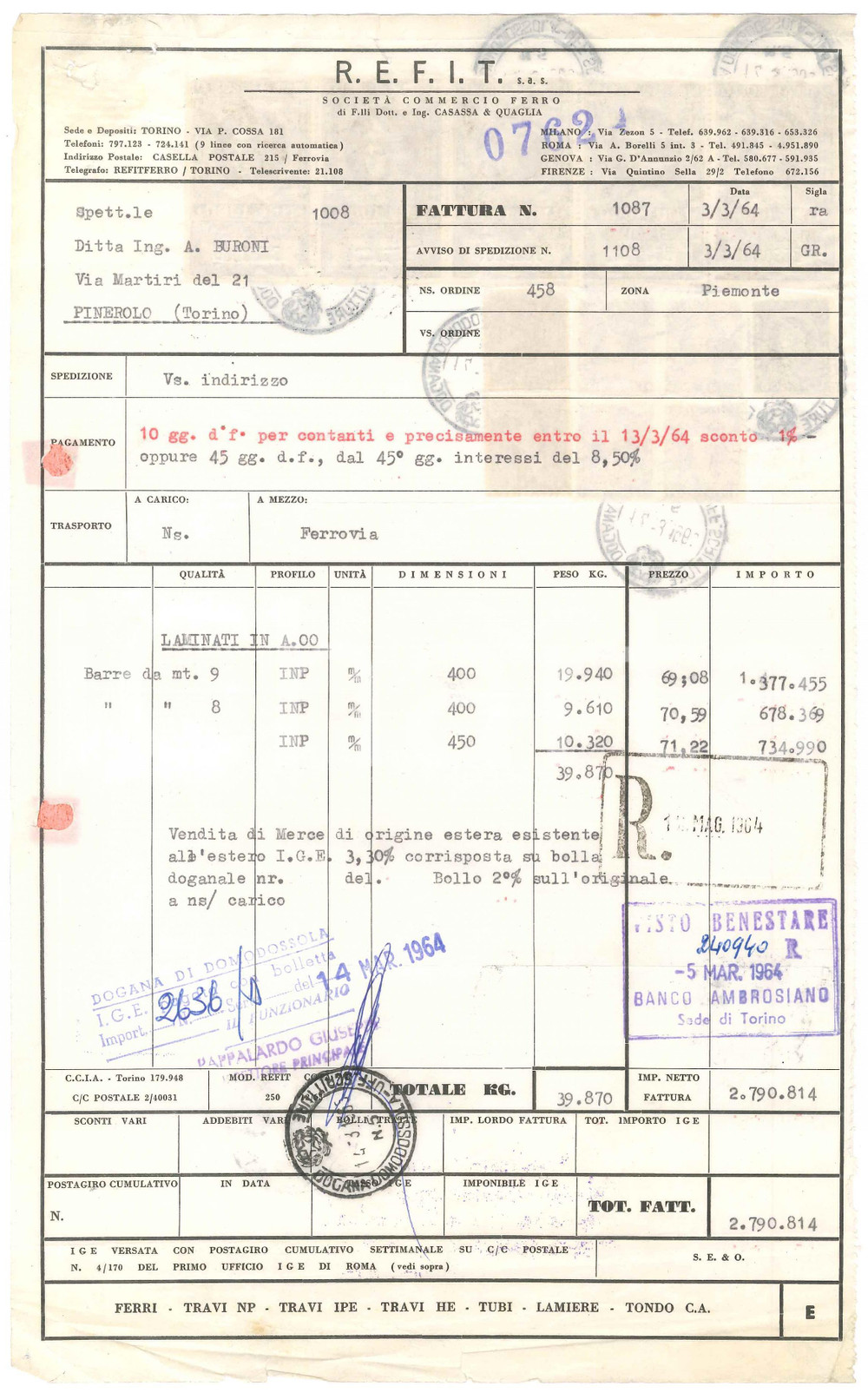 1965 TORINO Via Pietro Cossa 181 - REFIT Società Commercio Ferro - Fattura