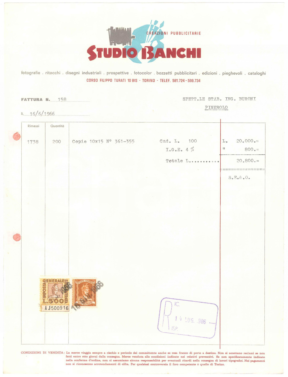 1966 PINEROLO (TO) - Studio BANCHI Creazioni pubblicitarie - Fattura (1)