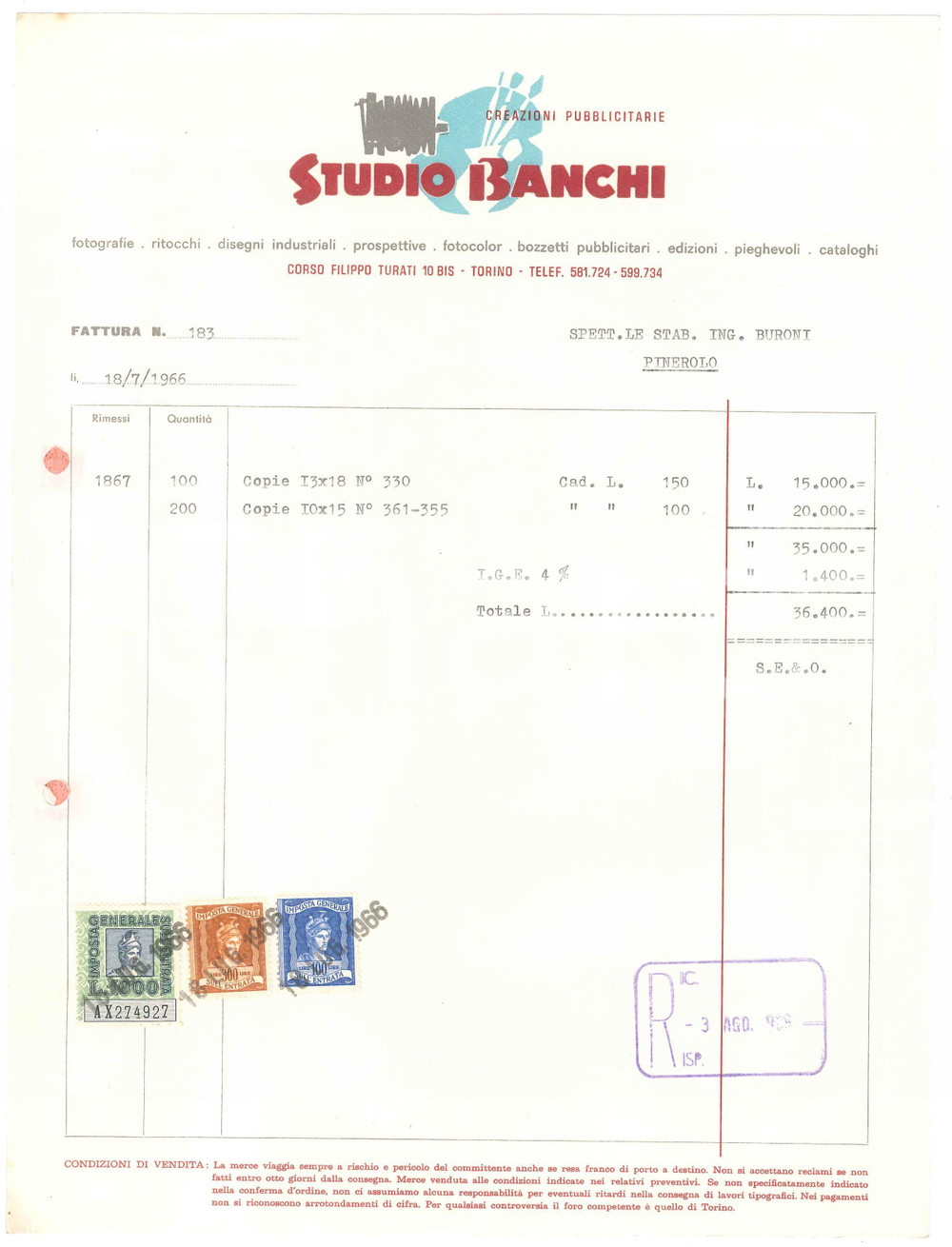 1966 PINEROLO (TO) - Studio BANCHI Creazioni pubblicitarie - Fattura (2)