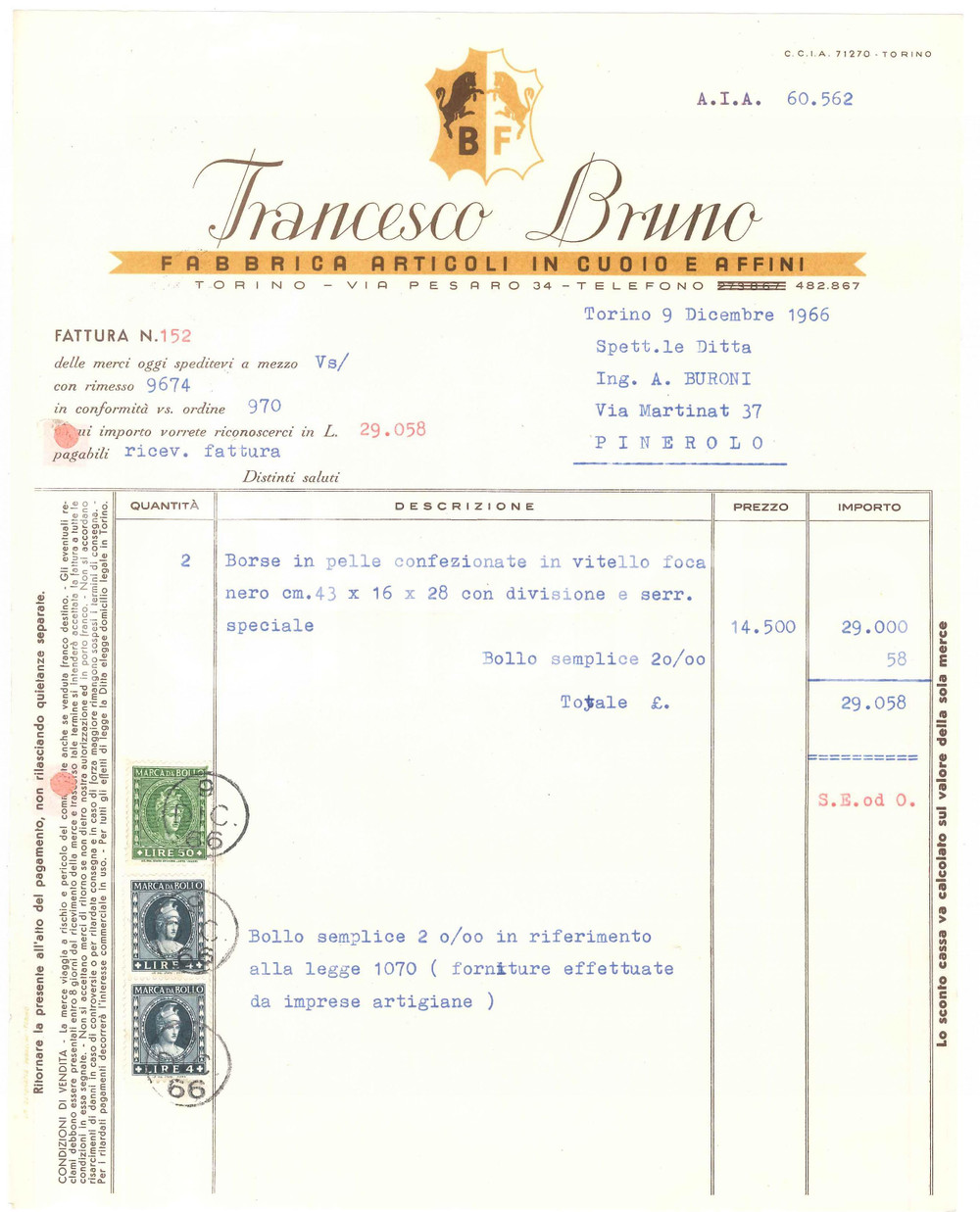 1966 TORINO Via Pesaro 34 - Francesco BRUNO Articoli in cuoio e affini - Fattura