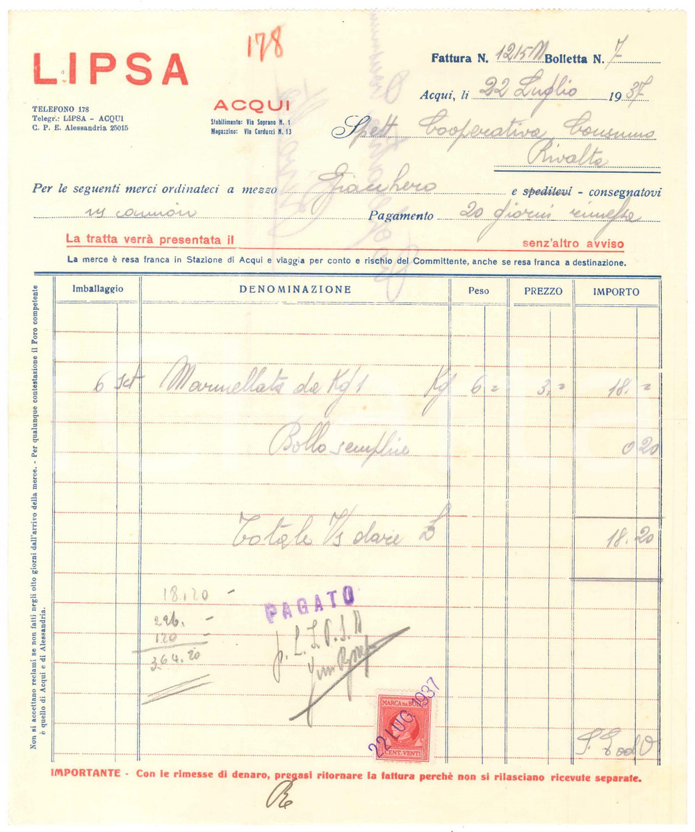 1937 ACQUI TERME (AL) - LIPSA - Fattura commerciale per marmellata