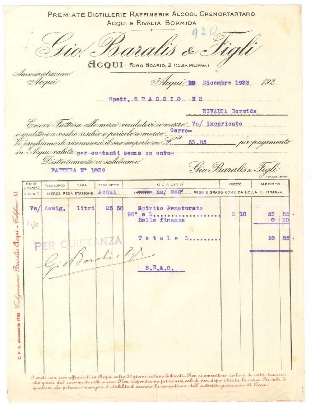 1933 ACQUI TERME (AL) - Gio. BARALIS & Figli Premiate distillerie - Fattura (3)