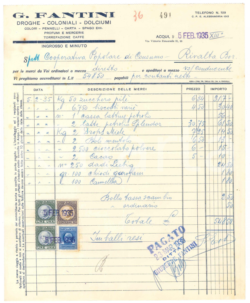 1935 ACQUI TERME (AL) - G. FANTINI Droghe Coloniali Dolciumi - Fattura (1)