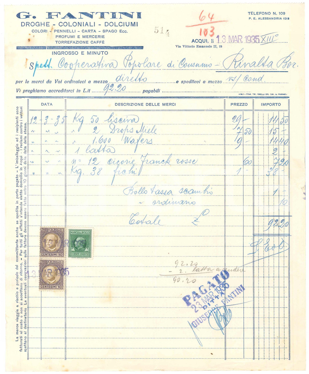 1935 ACQUI TERME (AL) - G. FANTINI Droghe Coloniali Dolciumi - Fattura (2)