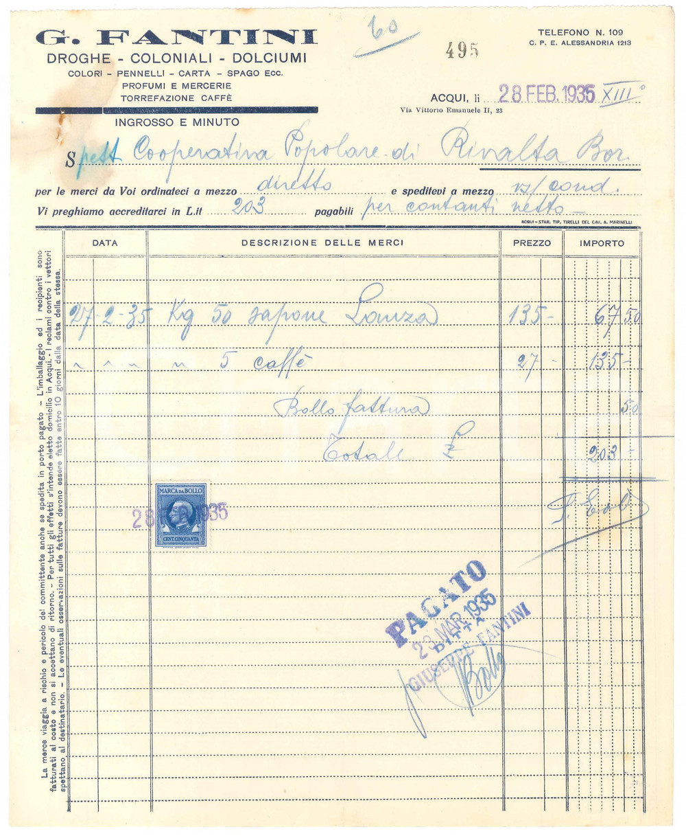 1935 ACQUI TERME (AL) - G. FANTINI Droghe Coloniali Dolciumi - Fattura (3)