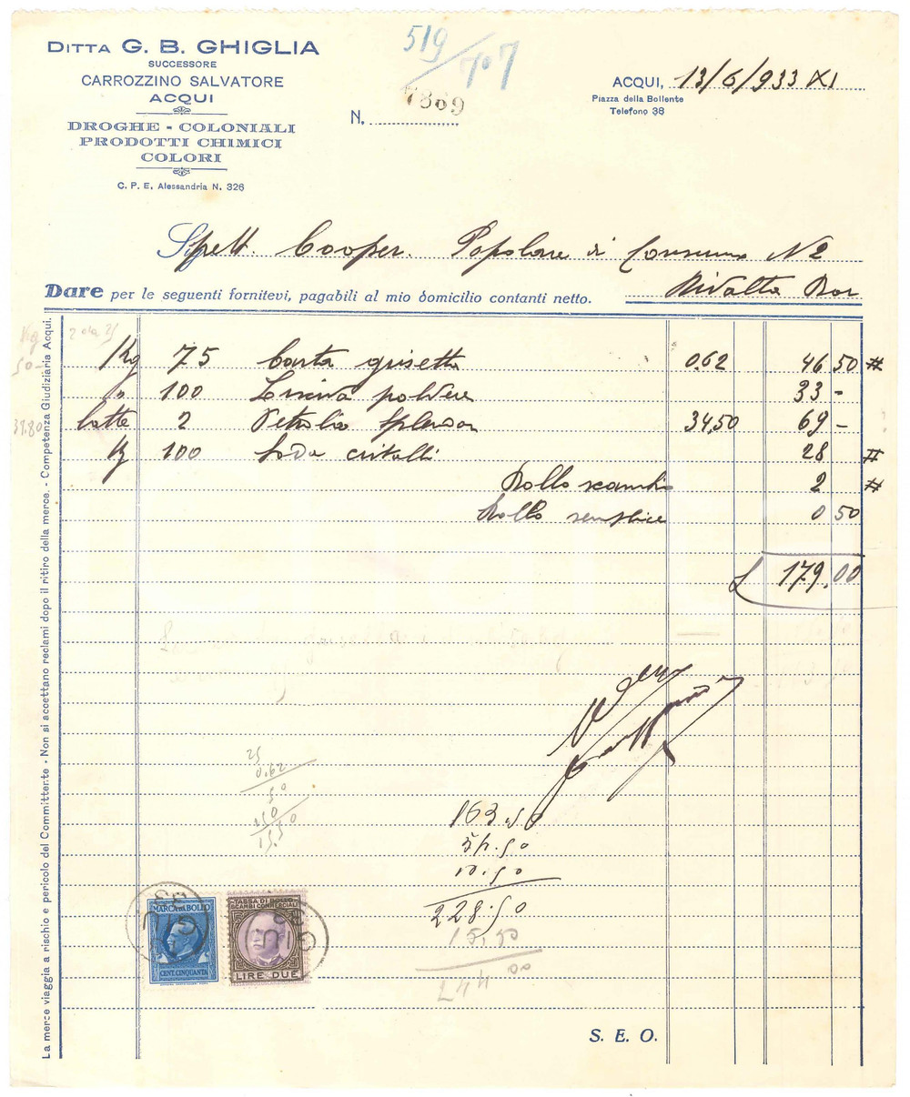1933 ACQUI TERME (AL) - Ditta G. B. GHIGLIA Droghe Coloniali - Fattura (1) Fattura commerciale d'epoca manoscritta, su carta intestata.Presenti marche da bollo.PAGINE: 1 FAIR/discreto piegature d'epoca; piccoli fori da spillatura; piccole macchie al lato superiore; strappo di circa 1 cm al lato destro Formato: 22x27 cm originale e autentica 1