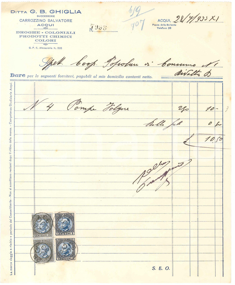 1933 ACQUI TERME (AL) - Ditta G. B. GHIGLIA - Fattura per pompe FOLGORE