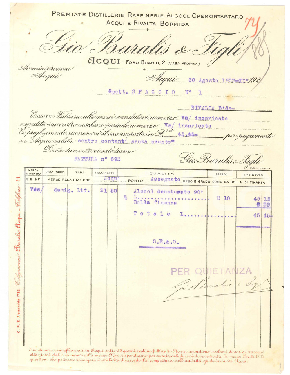 1933 ACQUI TERME (AL) - Gio. BARALIS & Figli Premiate distillerie - Fattura (4)