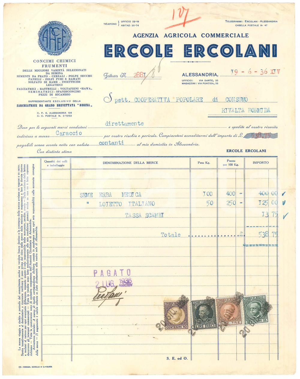 1936 ALESSANDRIA - Ercole ERCOLANI Agenzia Agricola Commerciale - Fattura (1)