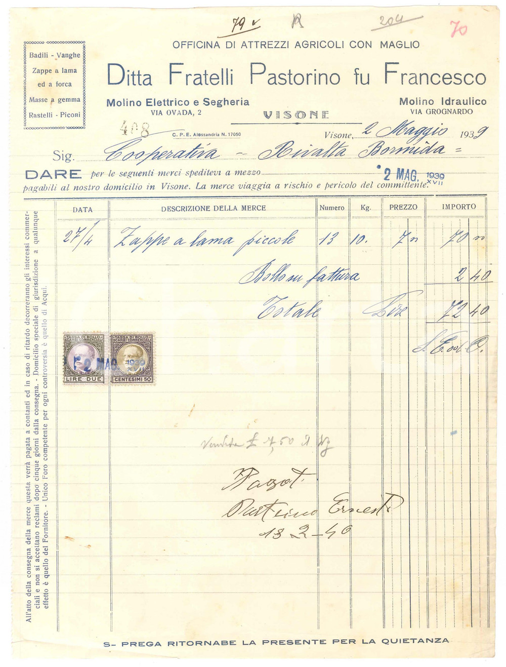 1939 VISONE (AL) - Fratelli PASTORINO fu Francesco Attrezzi agricoli - Fattura
