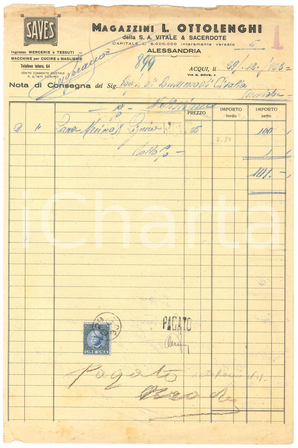 1933 ACQUI TERME (AL) - Magazzini L. OTTOLENGHI Tessuti - Nota di consegna Nota di consegna d'epoca manoscritta, su carta intestata.Presente marca da bollo.PAGINE: 1 POOR/danneggiato piegature d'epoca; piccoli fori da spillatura; fioriture; ingiallimenti; strappi marginali; brunitura al lato superiore Formato: 21x31 cm originale e autentica 1