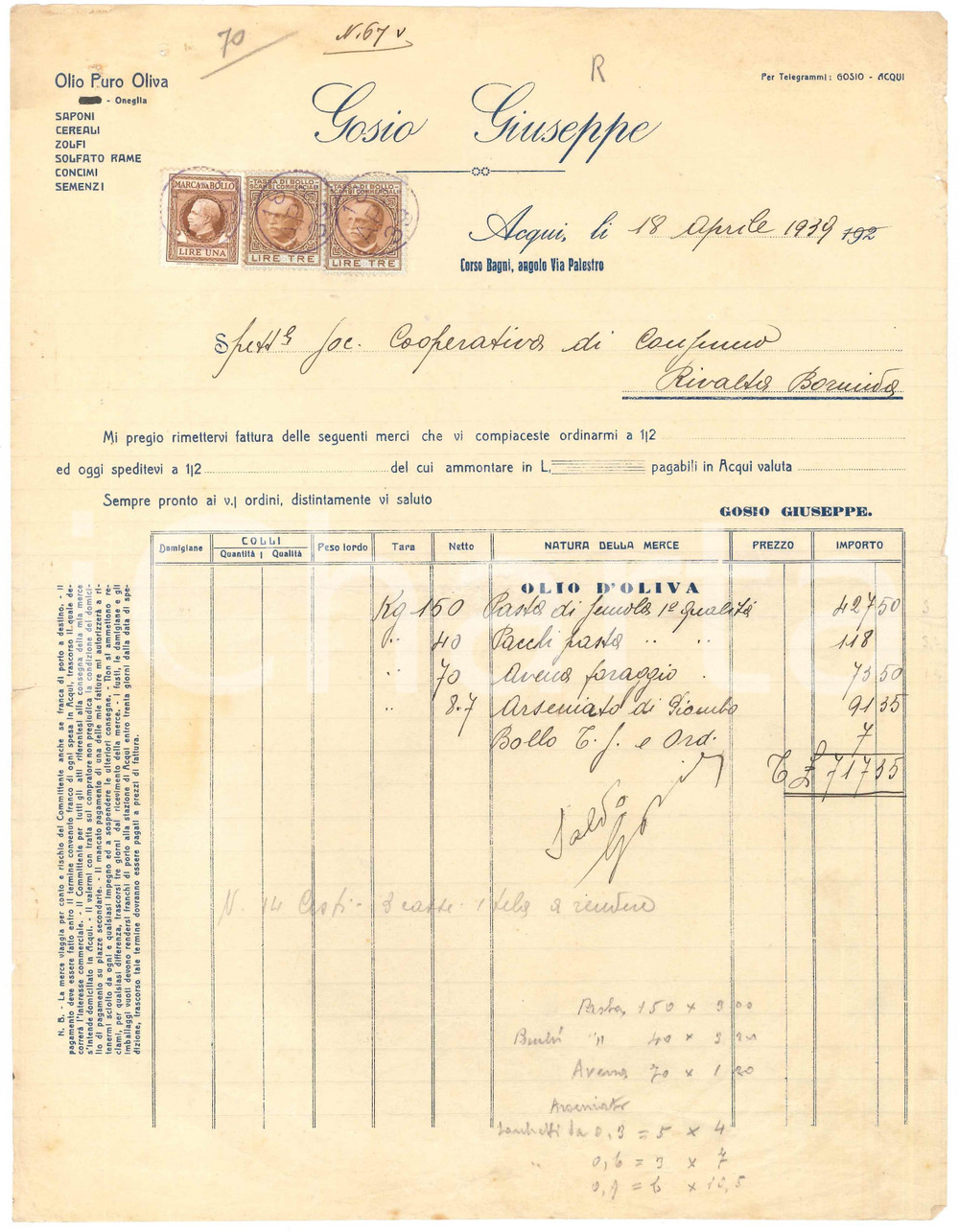 1939 ACQUI TERME (AL) - Giuseppe GOSIO Olio Puro Oliva - Fattura commerciale