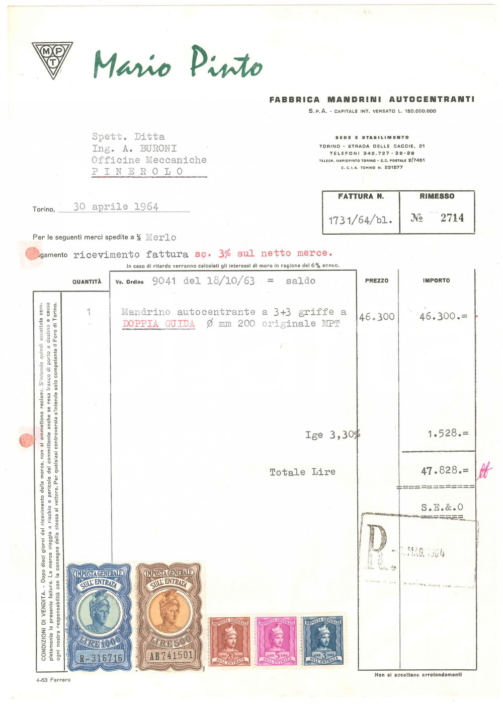 1964 TORINO Strada delle Caccie 21 - Mario PINTO Fabbrica mandrini - Fattura