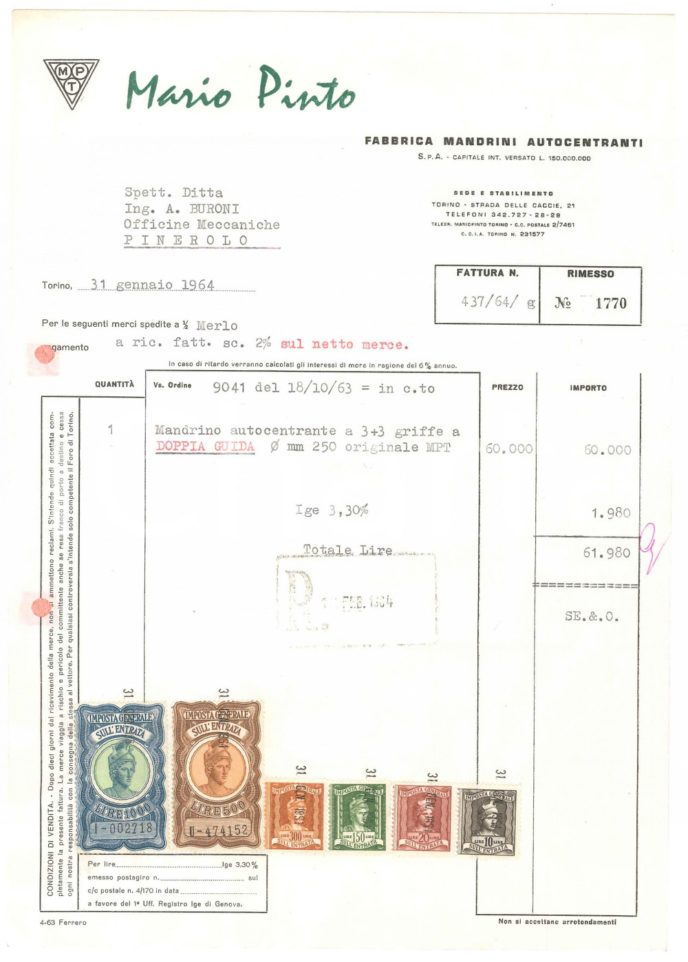 1964 TORINO Strada delle Caccie 21 - Mario PINTO Fabbrica mandrini - Fattura (1)