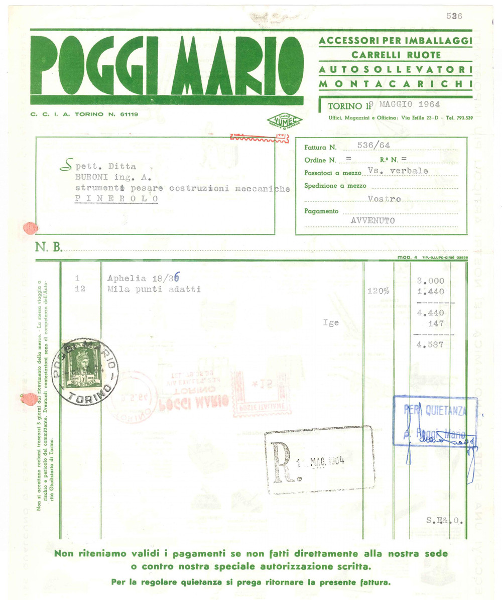 1964 TORINO Via Esille 23D - Mario POGGI Montacarichi - Fattura 23x28 cm
