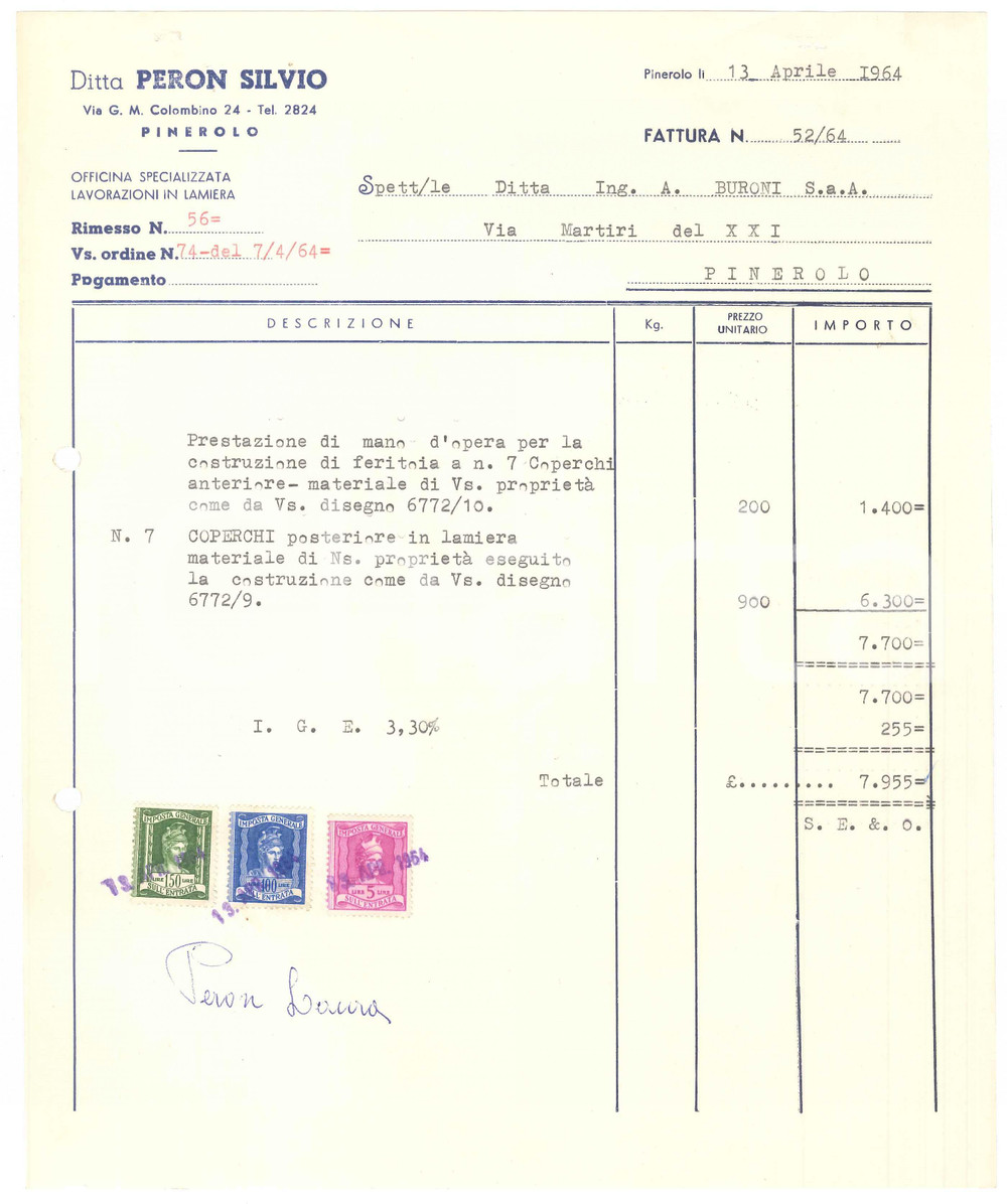 1964 PINEROLO Via Colombino 24 - Ditta Silvio PERON Lamiere - Fattura 23x27 cm