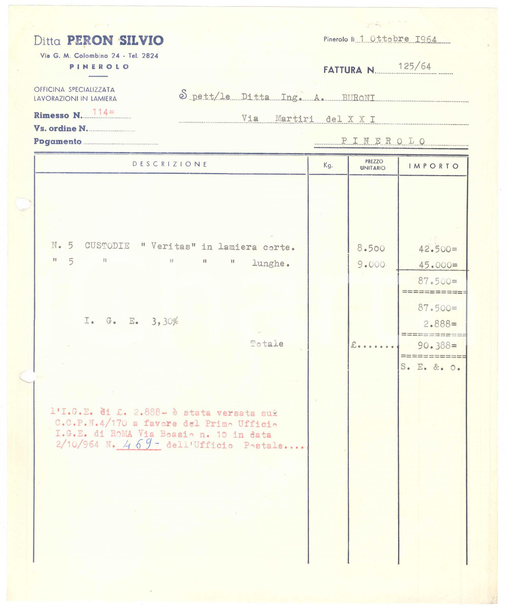 1964 PINEROLO Via Colombino 24 - Ditta Silvio PERON Lamiere - Fattura 23x27 (1)
