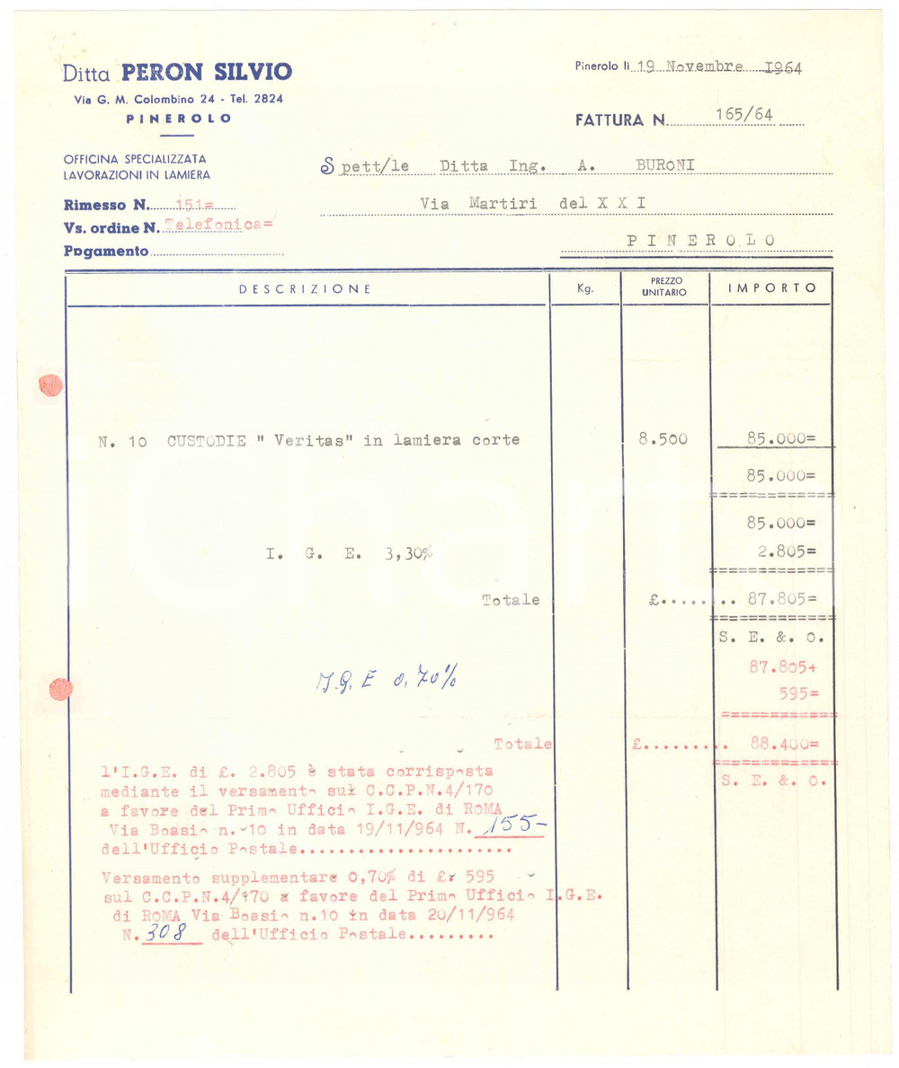 1964 PINEROLO Via Colombino 24 - Ditta Silvio PERON Lamiere - Fattura 23x27 (2)