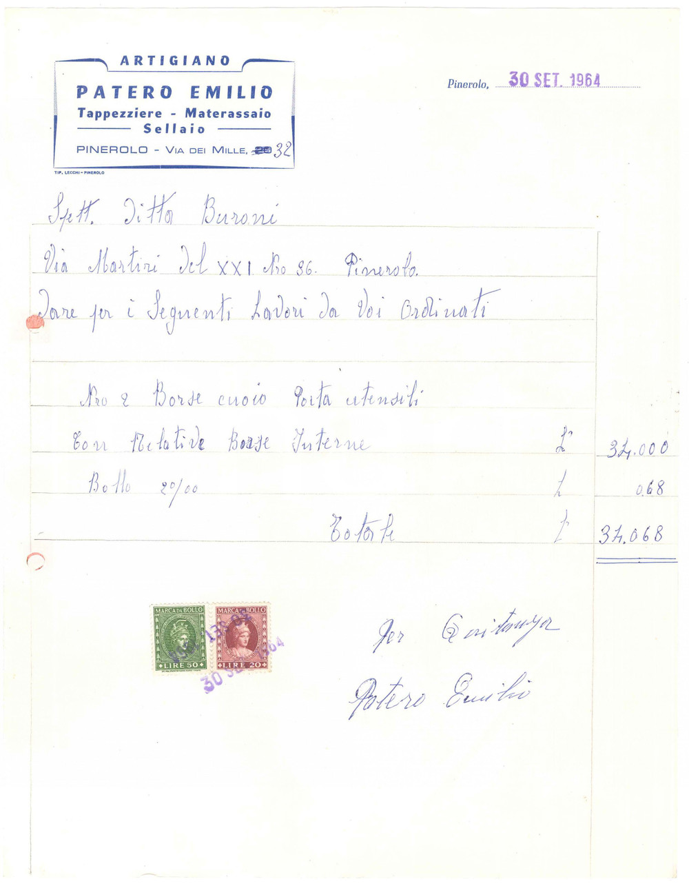 1964 PINEROLO Via dei Mille 32 - Emilio PATERO Tappezziere - Fattura 22x29 cm