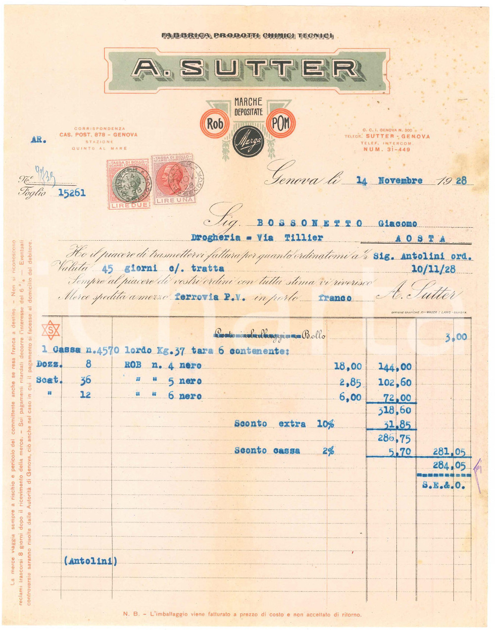 1928 GENOVA Fabbrica A. SUTTER Prodotti chimici tecnici - Fattura 22x28 cm