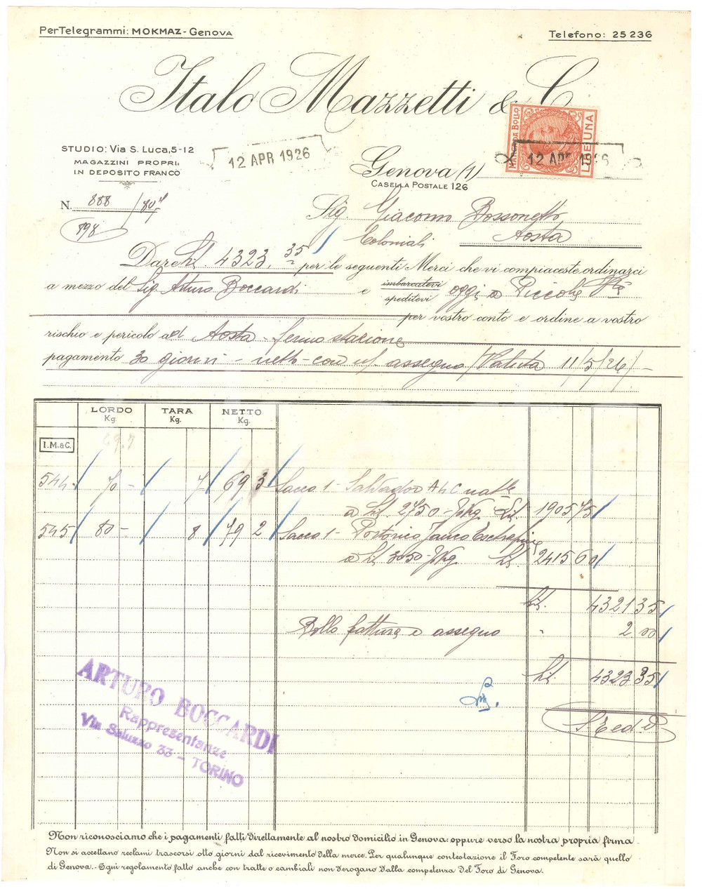 1926 GENOVA Via San Luca 5-12 - Italo MAZZETTI & C. - Fattura per caffè (2)