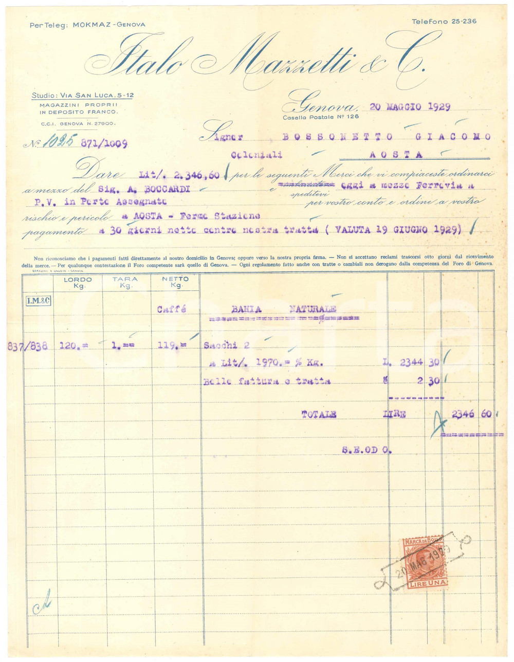 1929 GENOVA Via San Luca 5-12 - Italo MAZZETTI & C. - Fattura per caffè (3)