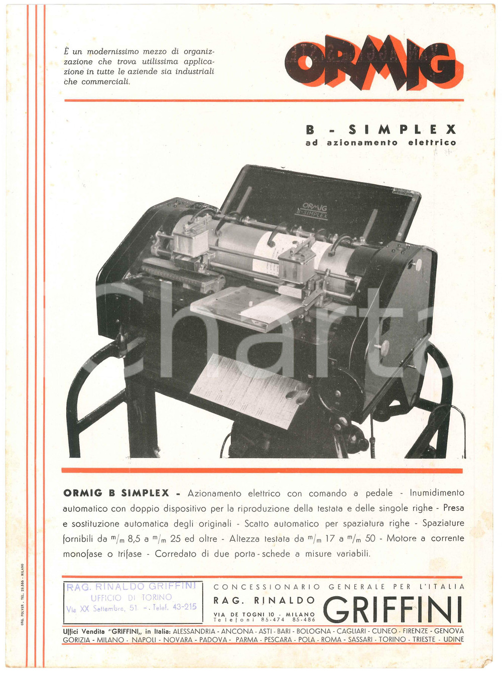 1950 ca INDUSTRIA - ORMIG B-SIMPLEX ad azionamento elettrico - Volantino