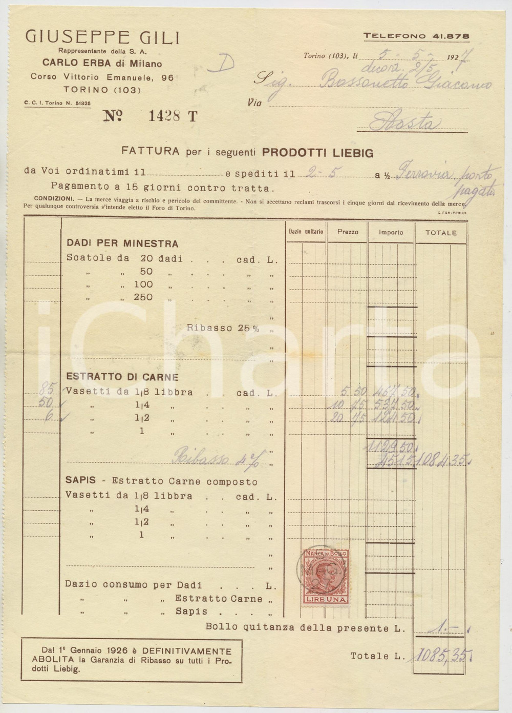 1927 TORINO Via Nizza 32 - Giuseppe GILI Fattura per prodotti LIEBIG 21x28 (1)