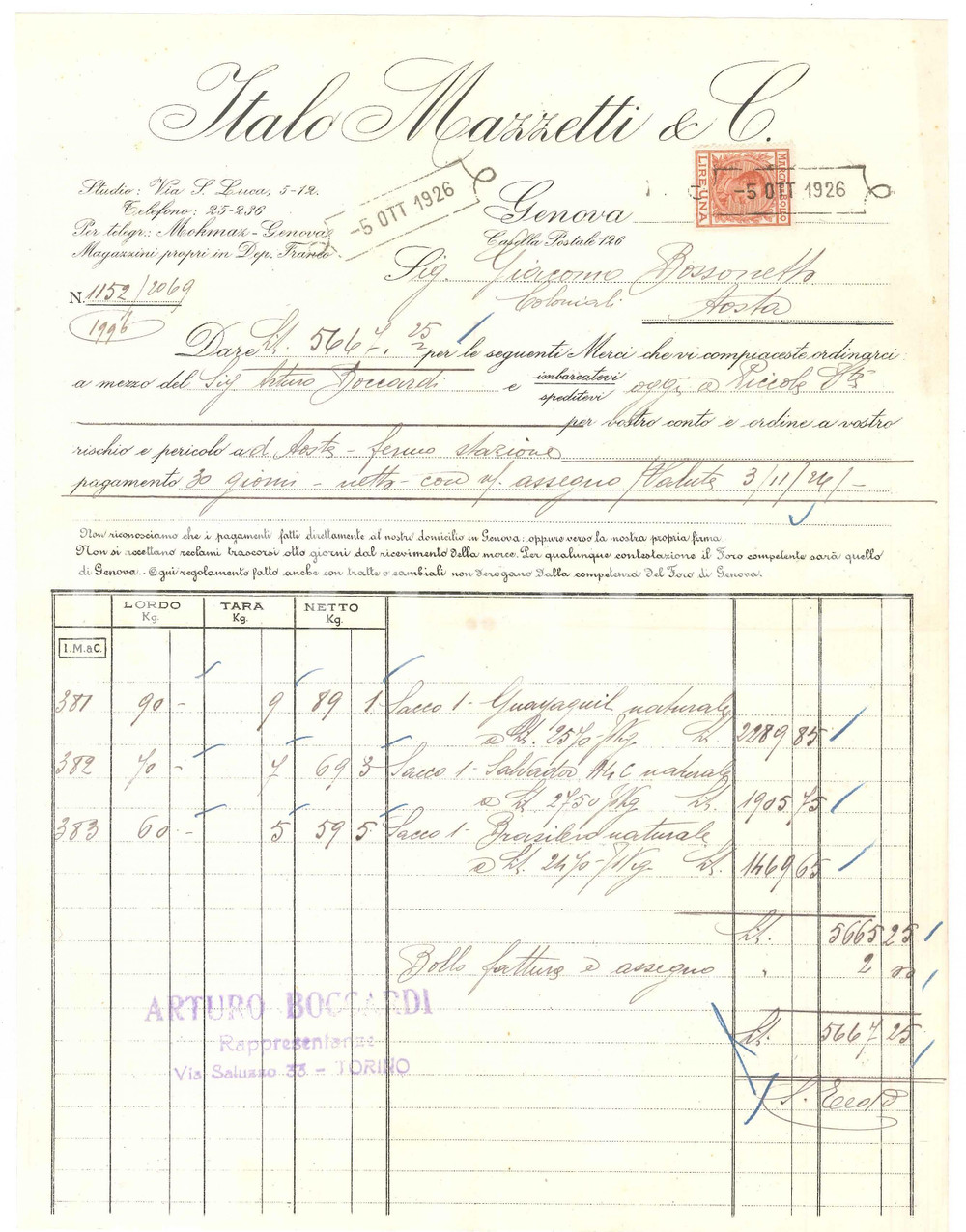 1926 GENOVA Via San Luca 5-12 - Italo MAZZETTI & C. - Fattura per caffè (1)