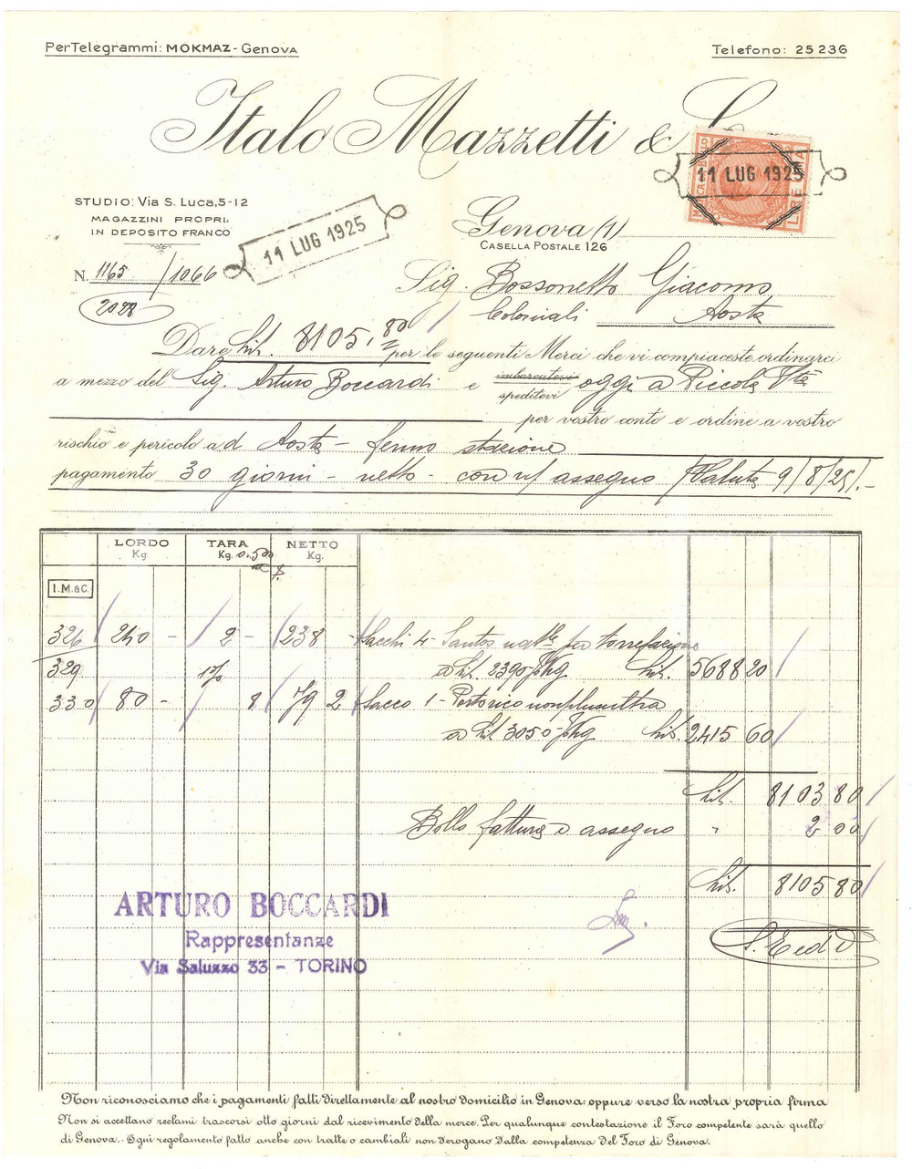 1925 GENOVA Via San Luca 5-12 - Italo MAZZETTI & C. - Fattura per caffè