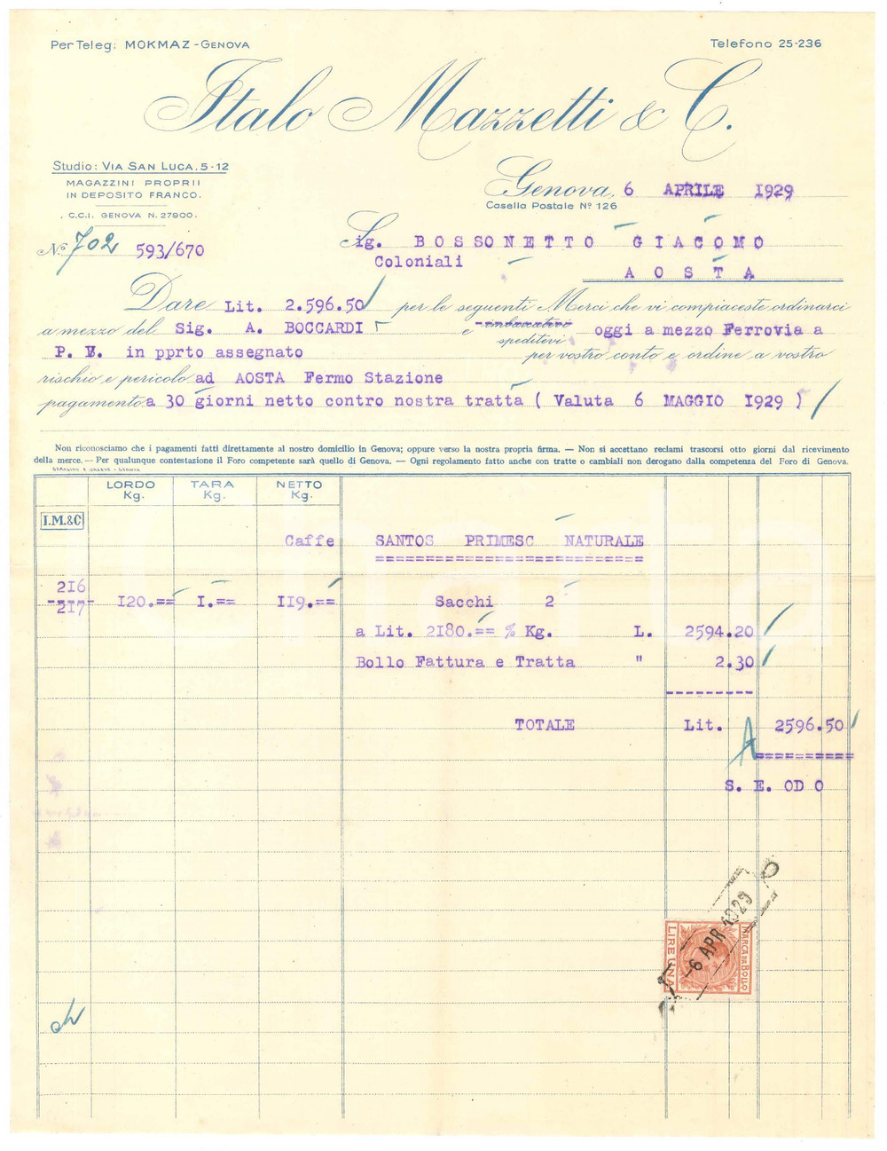 1929 GENOVA Via San Luca 5-12 - Italo MAZZETTI & C. - Fattura per caffè (2)