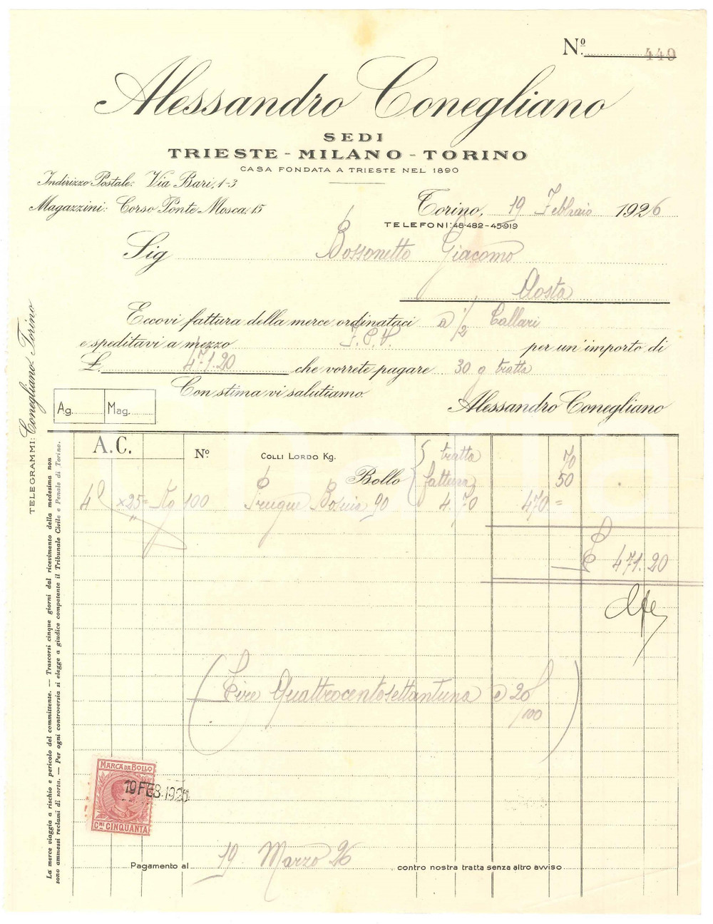 1926 TORINO Corso Ponte Mosca 15 Alessandro CONEGLIANO - Fattura per prugne (4)