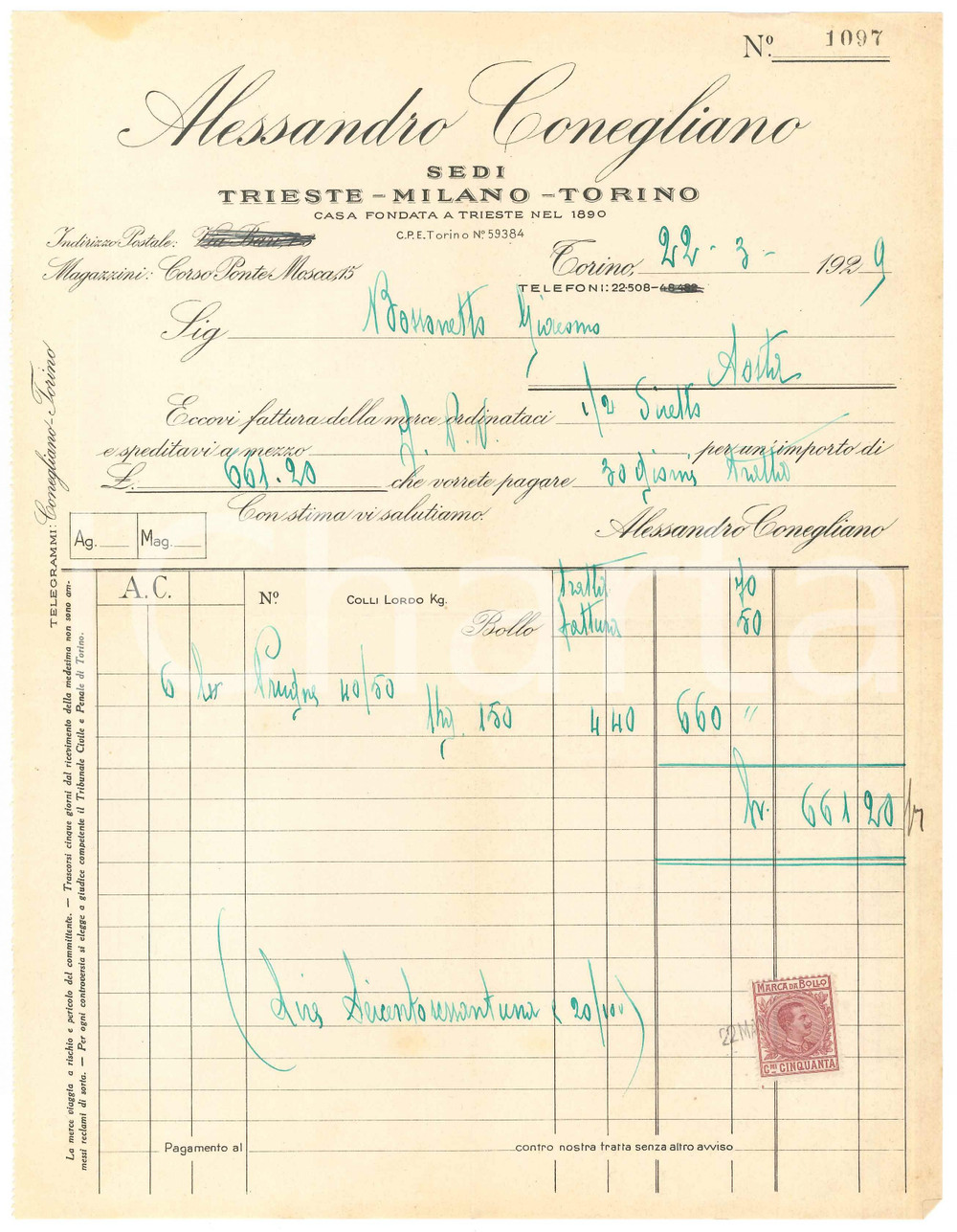 1929 TORINO Corso Ponte Mosca 15 Alessandro CONEGLIANO - Fattura per prugne (5)