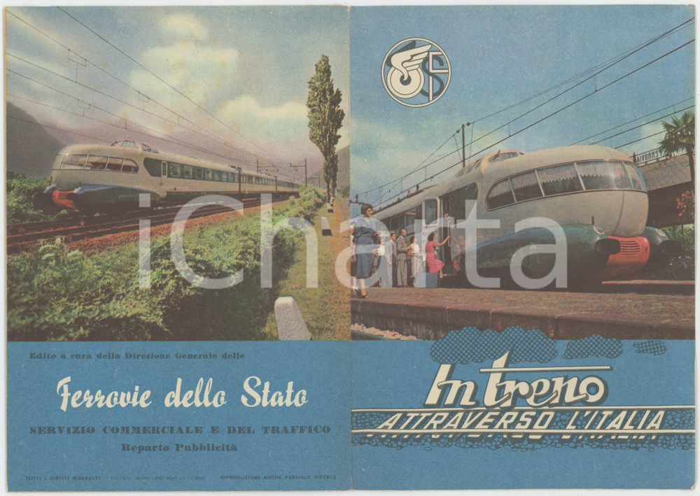 1955 ca FERROVIE DELLO STATO In treno attraverso l'Italia - Pieghevole con mappa