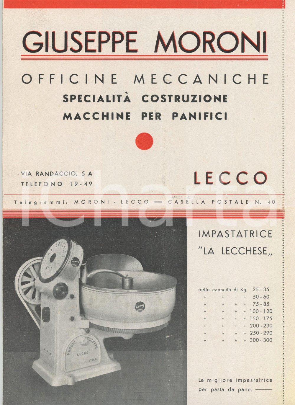 1940 LECCO Giuseppe MORONI Macchine per pastifici - Pieghevole 4 pp.