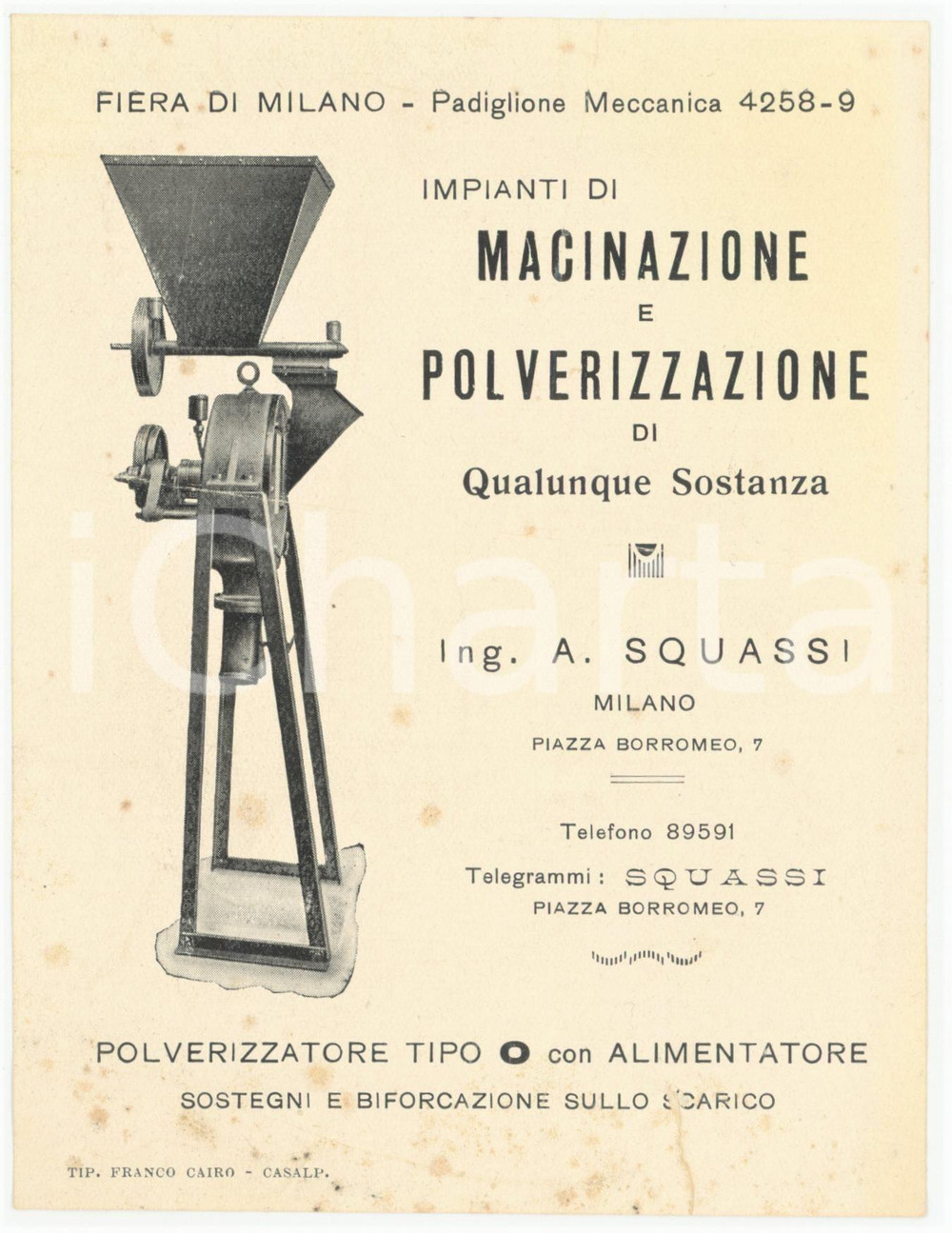 1910 ca FIERA MILANO Ing. A. SQUASSI Polverizzatore con alimentatore *Biglietto