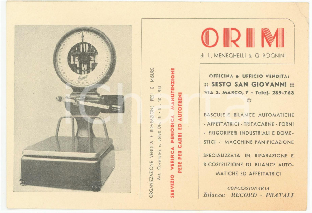 1941 SESTO SAN GIOVANNI (MI) Ditta ORIM - Bilance *Cartoncino pubblicitario