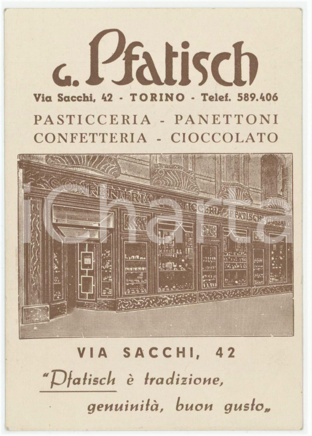 1950 ca TORINO Via Sacchi 42 - Pasticceria PFATISCH *Cartoncino pubblicitario