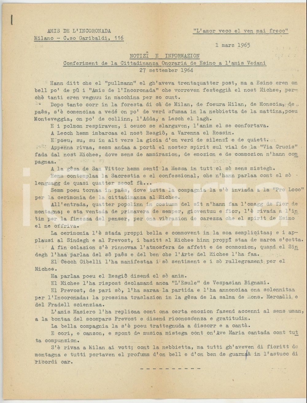 1965 MILANO AMIS DE L'INCORONADA Cittadinanza ESINO a l'amis VEDANI *DIALETTO