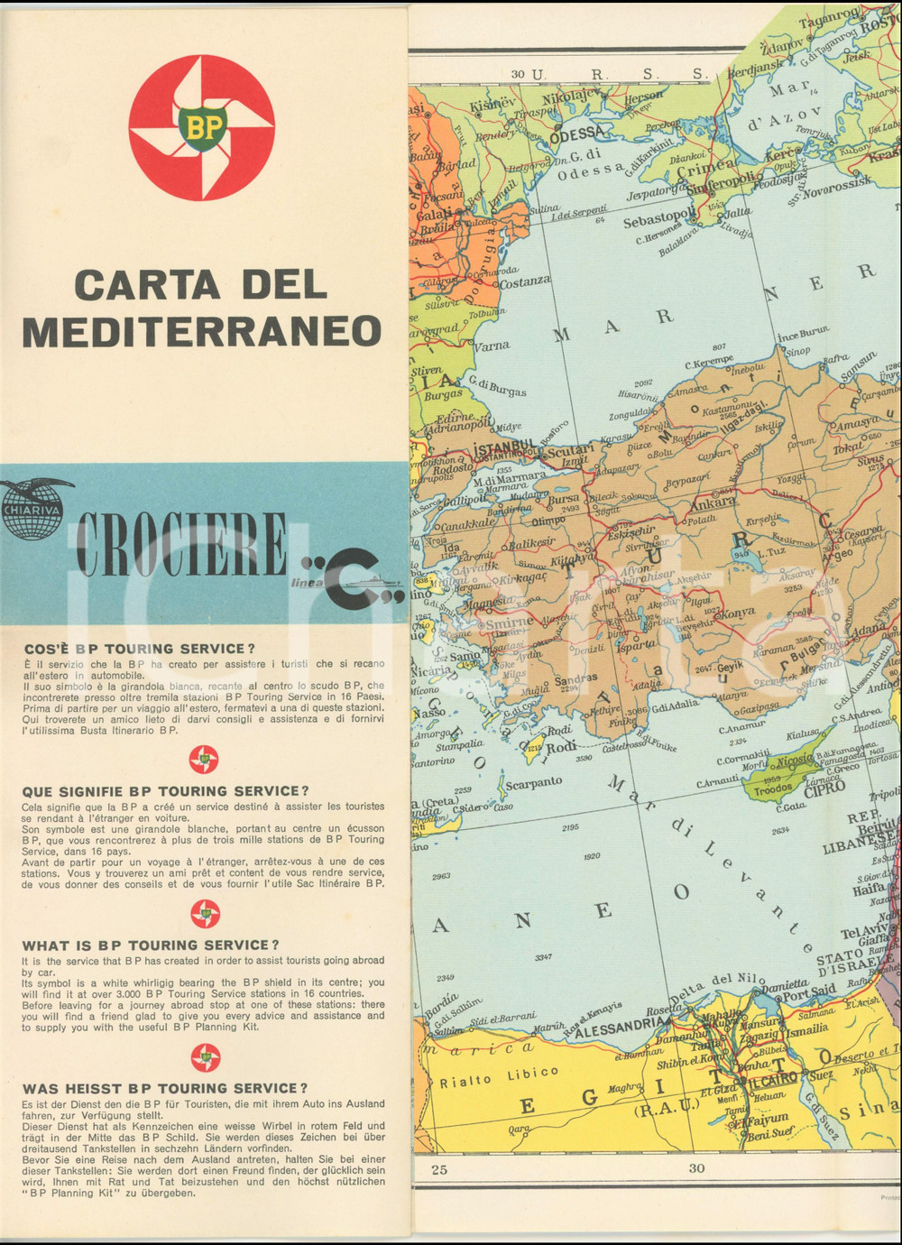 1961 BP BRITISH PETROLEUM Carta del mediterraneo - Crociere Linea C - CHIARIVA