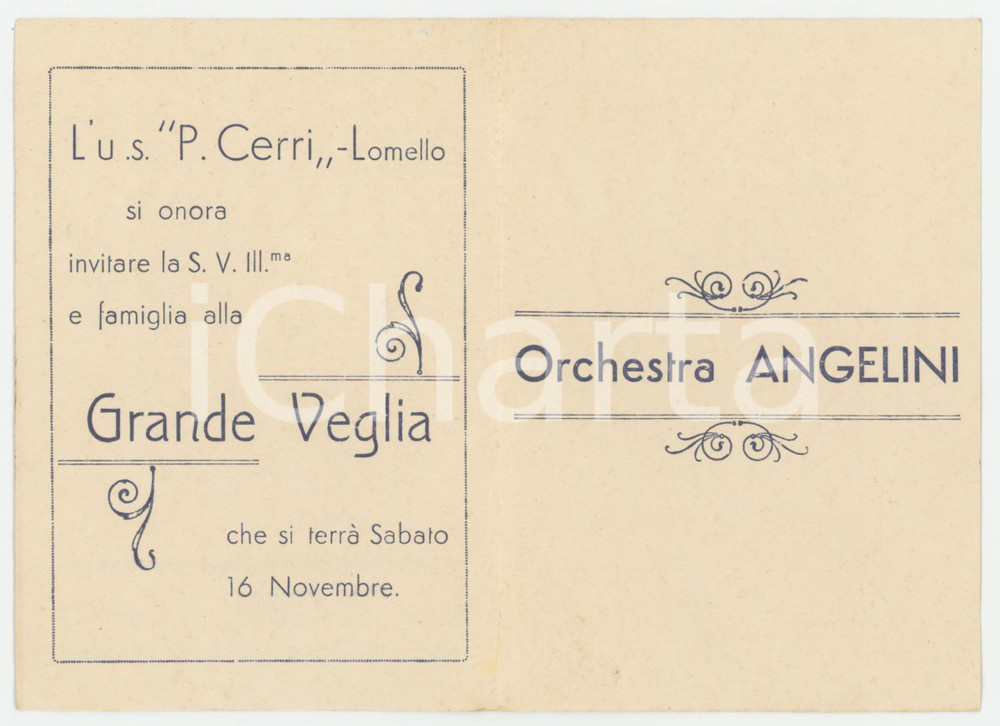 1920 ca LOMELLO U.S. "P. CERRI" Orchestra ANGELINI - Invito alla Grande Veglia