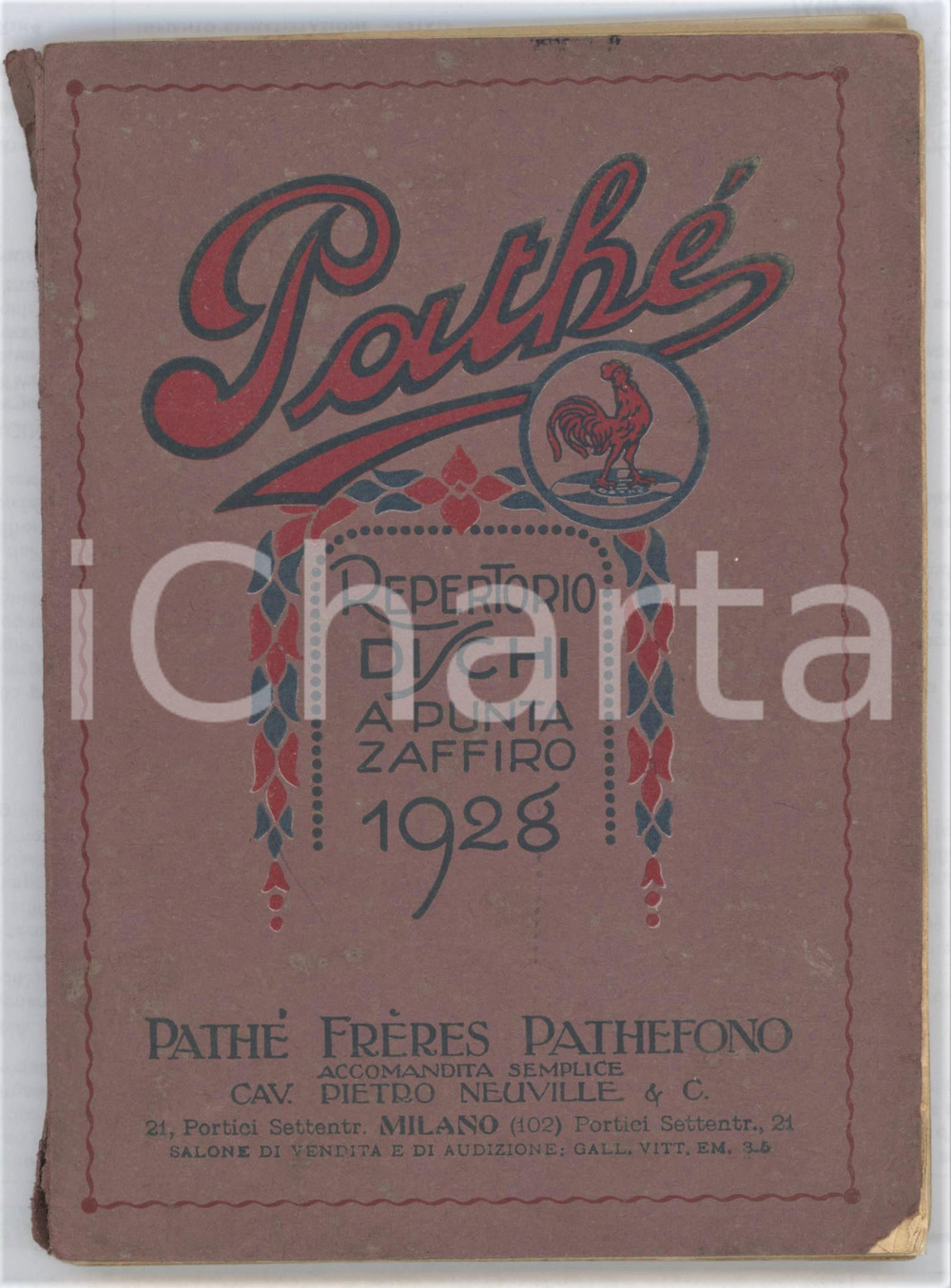 1928 MILANO PATHE' FrÃ¨res - Repertorio dischi a punta zaffiro - Catalogo 176 pp. Catalogo originale d'epoca.PAGINE: 176 POOR/danneggiato buone condizioni interne, ma tagli al dorso e fioriture Formato: 12x17 cm originale e autentica 1