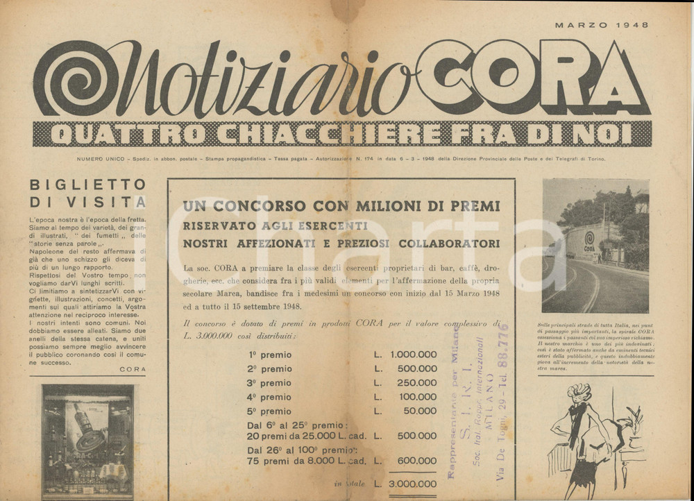1948 Amaro CORA - Notiziario pubblicitario - Numero unico 4 pp. Giornale originale d'epoca, pubblicitario.PAGINE: 4 POOR/danneggiato piegature d'epoca con ingiallimenti lungo le piegature  originale e autentica 1