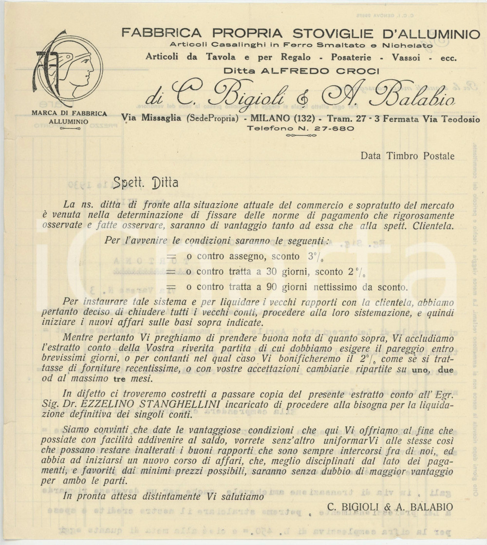 1920 ca MILANO Ditta Alfredo CROCI Stoviglie d'alluminio - Lettera commerciale